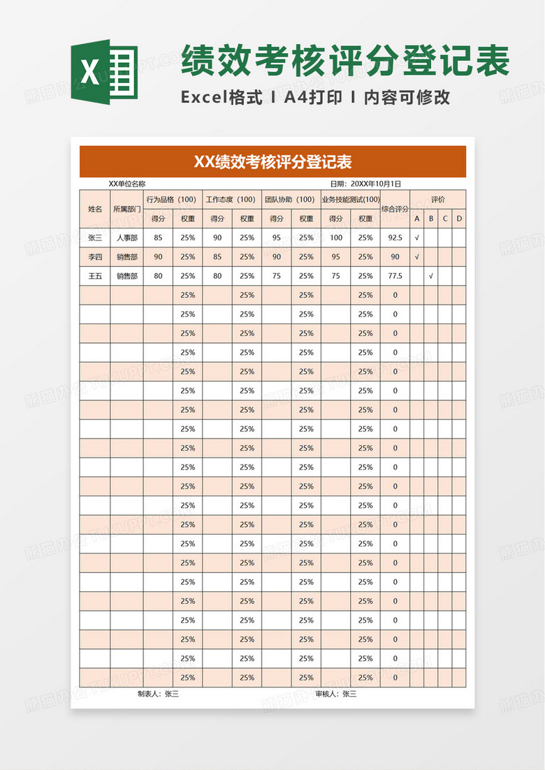 绩效考核评分登记表excel模板
