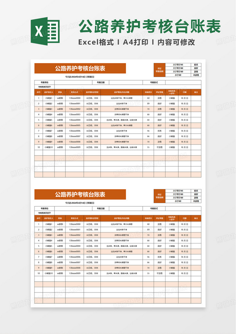 公路养护考核台账表excel模板