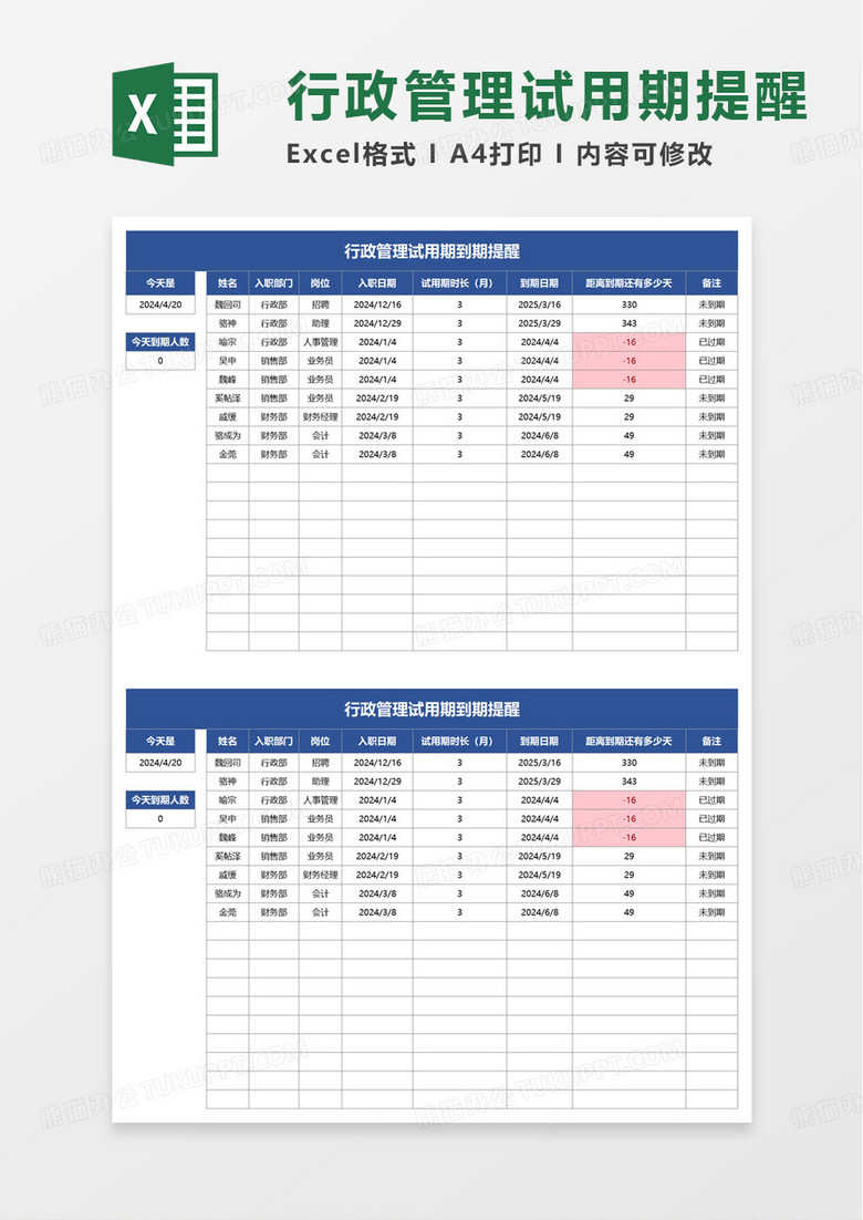 行政管理试用期到期提醒excel模板 行政管理试用期到期提醒excel模板