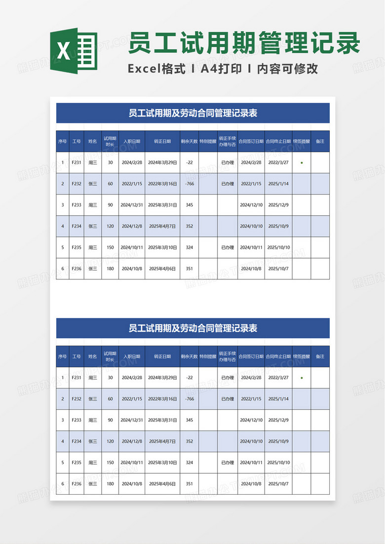 员工试用期及劳动合同管理记录表excel模板