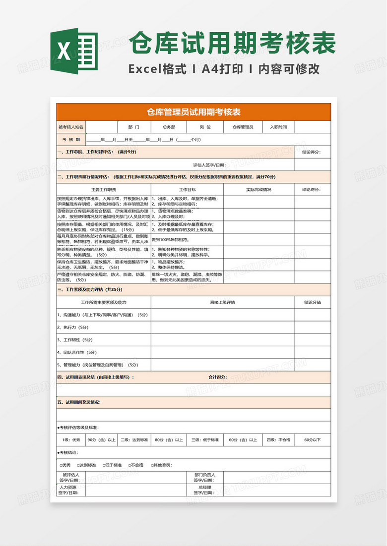 仓管员试用期考核表excel模板