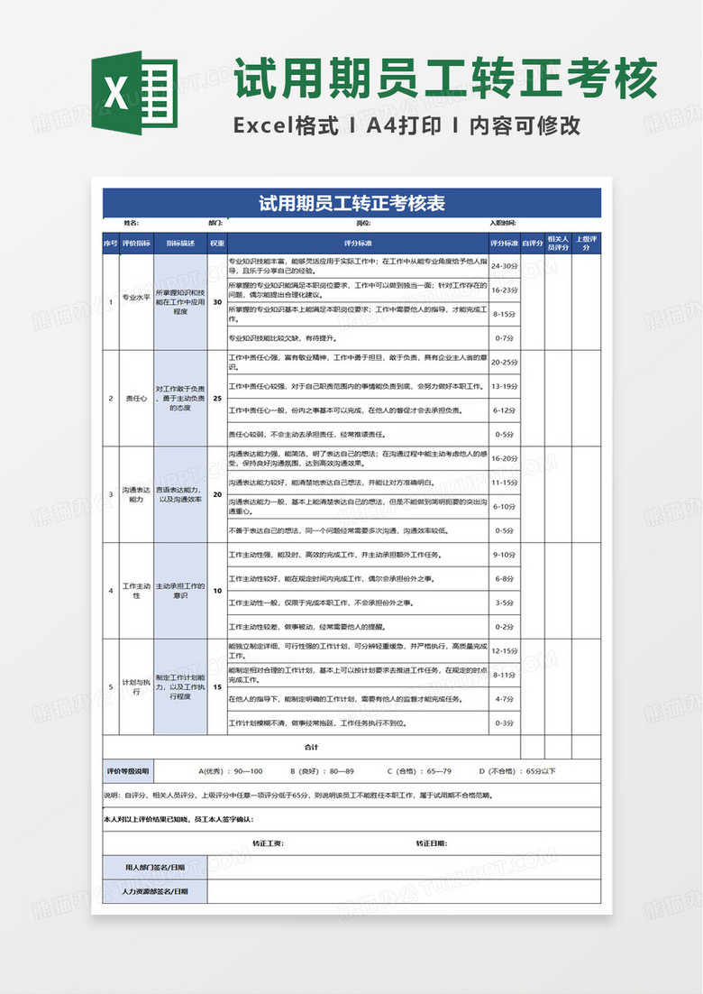 简洁试用期员工转正考核表excel模板