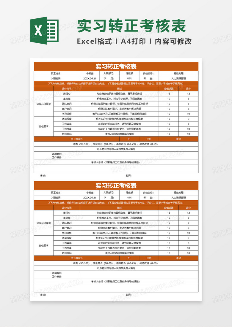 实习生转正考核表自动评级excel模板 实习生转正考核表自动评级excel模板