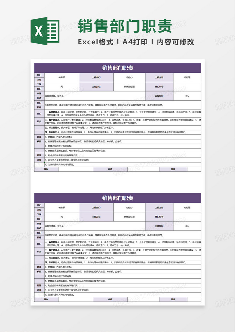 销售部门职责excel模板