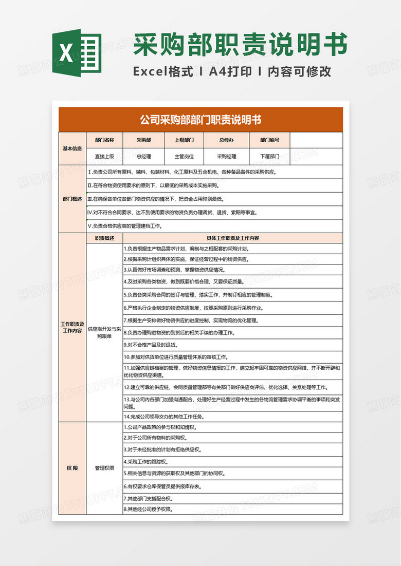 公司采购部部门职责说明书excel模板 公司采购部部门职责说明书excel模板