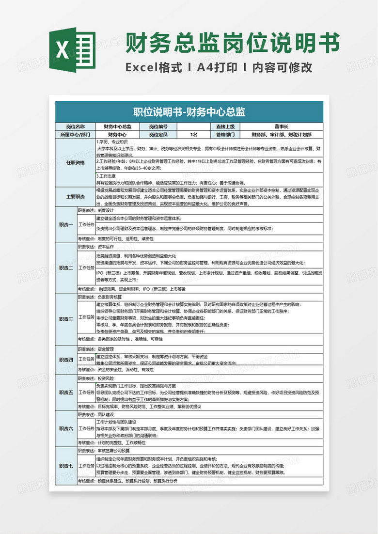 公司财务总监岗位职责说明书excel模板 公司财务总监岗位职责说明书excel模板