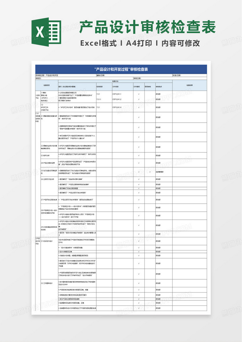 产品设计和开发过程审核检查表excel模版