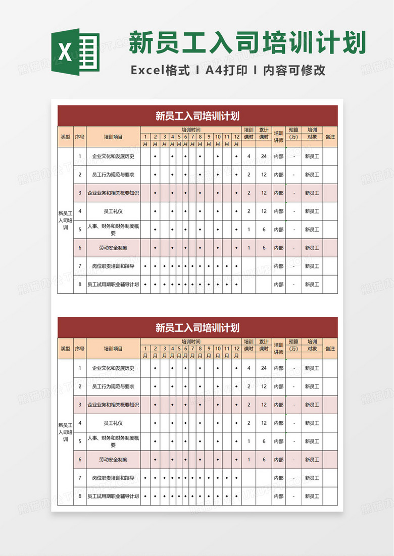 新员工入司培训计划excel模版