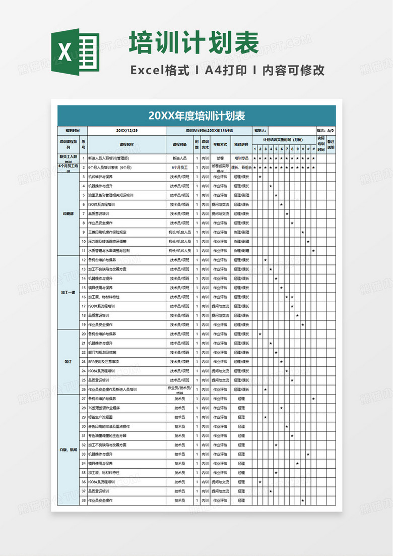 年度员工培训计划模板excel模版