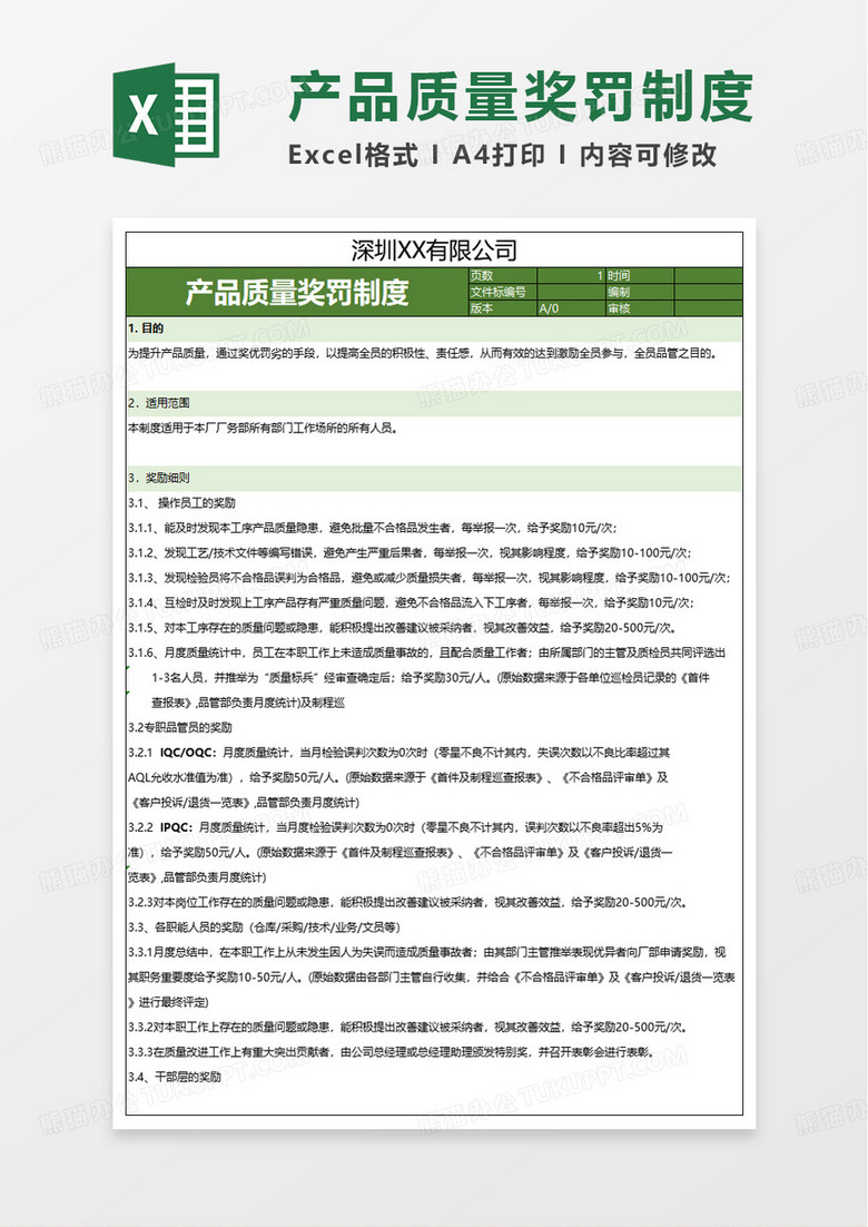 品质奖罚制度excel模板