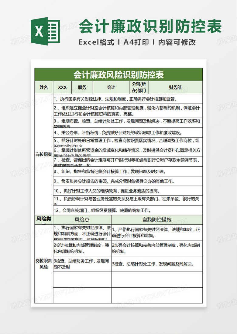 会计廉政风险识别防控表excel模板