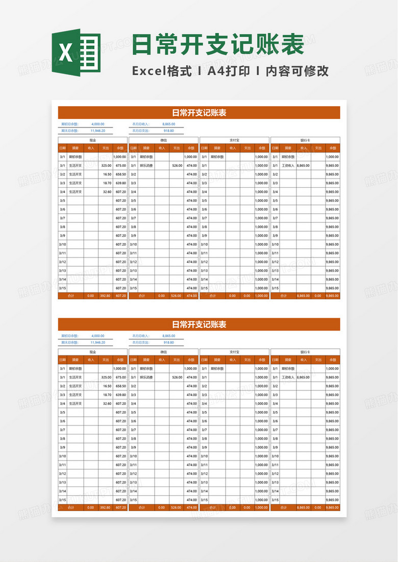 橙色商务日常开支记账表excel模板