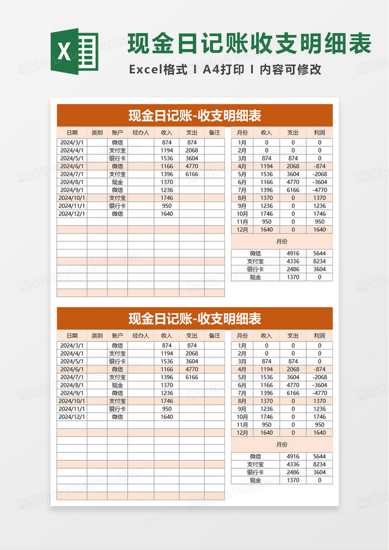 橙色現(xiàn)金日記賬收支明細(xì)表excel模板