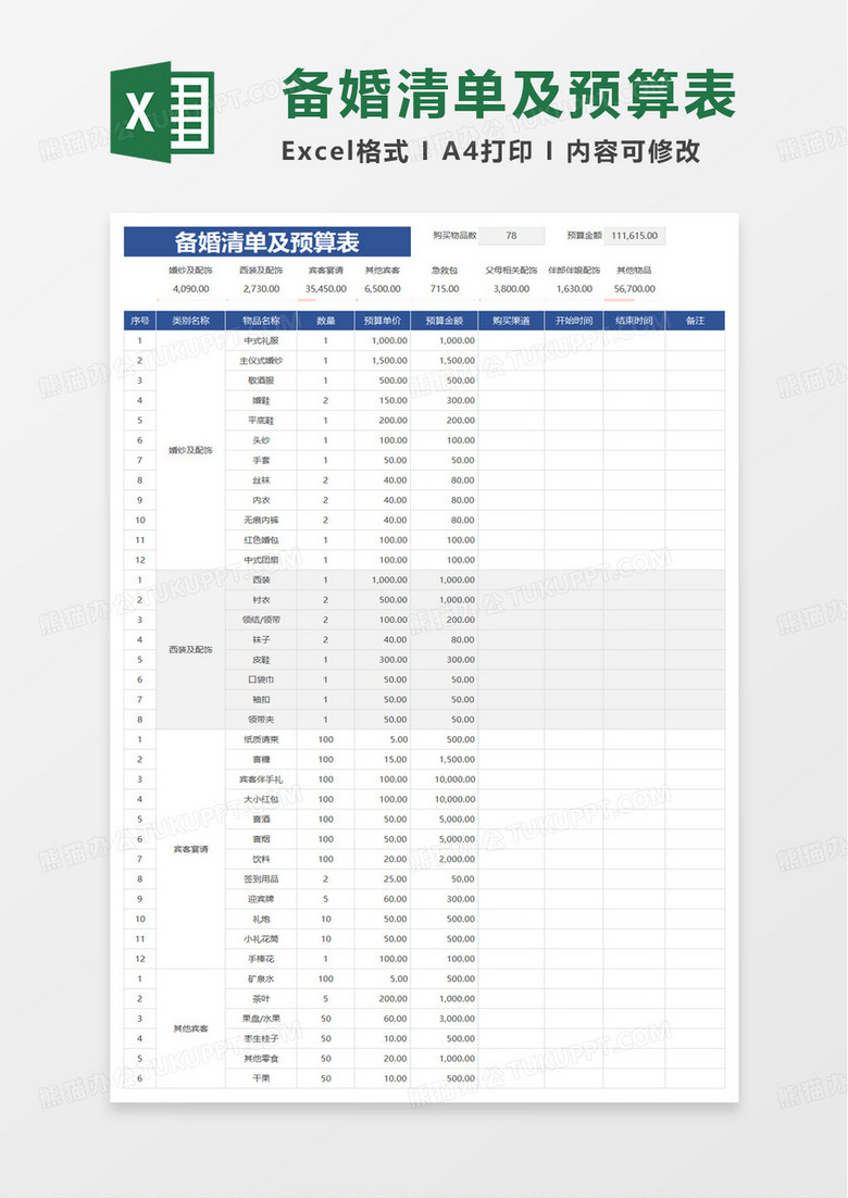 结婚婚礼筹备清单及预算表excel模板