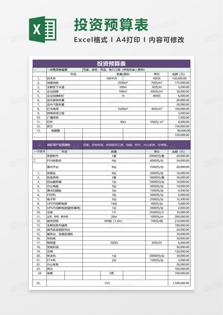 简洁通用投资预算表excel模板