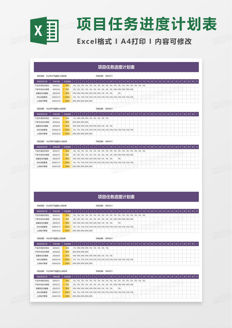 项目任务进度计划表excel模板 项目任务进度计划表excel模板