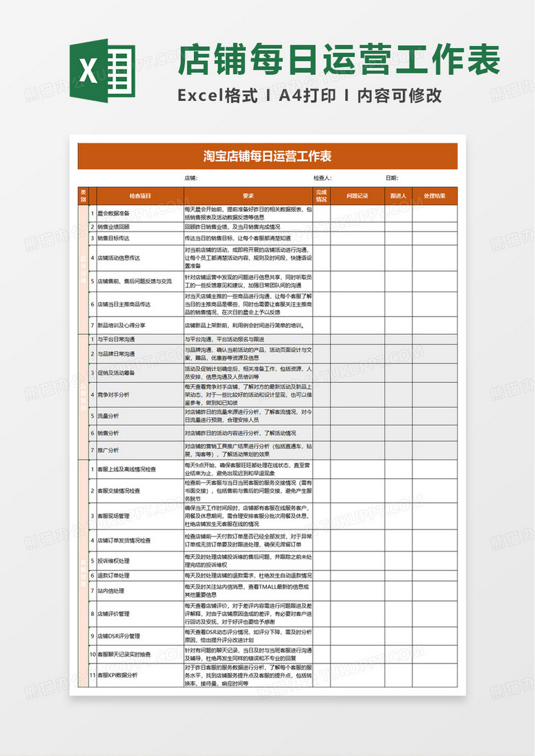 淘宝店铺每日运营工作表excel模板