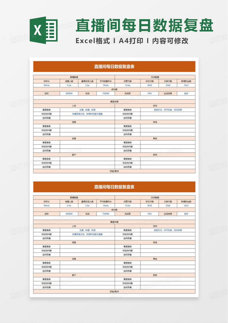 电商直播间每日数据复盘表excel模板