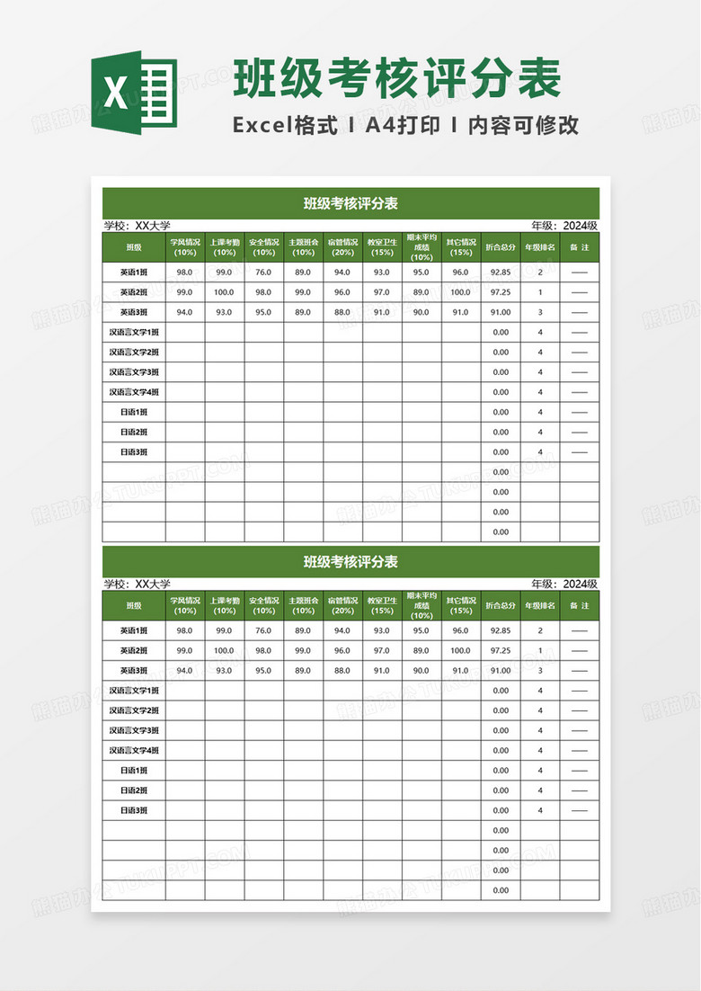 简洁班级考核评分表excel模板
