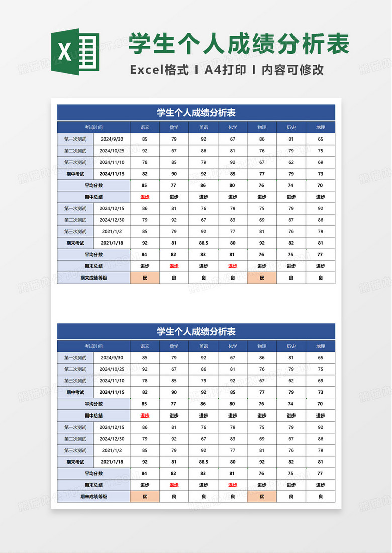 藍(lán)色學(xué)生個(gè)人成績分析表excel模板