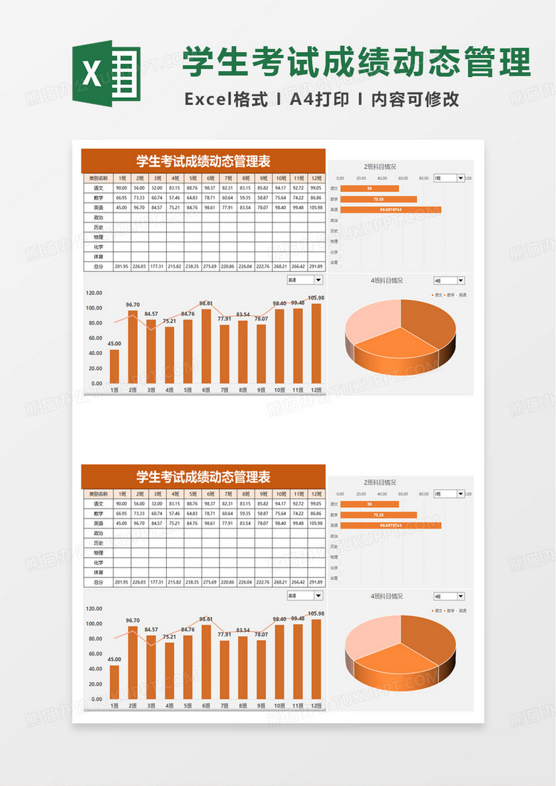 学生考试成绩动态管理表excel模板