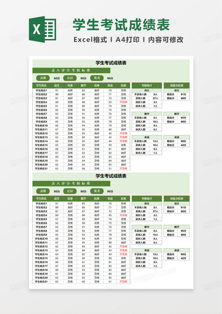 绿色考试成绩表excel模板