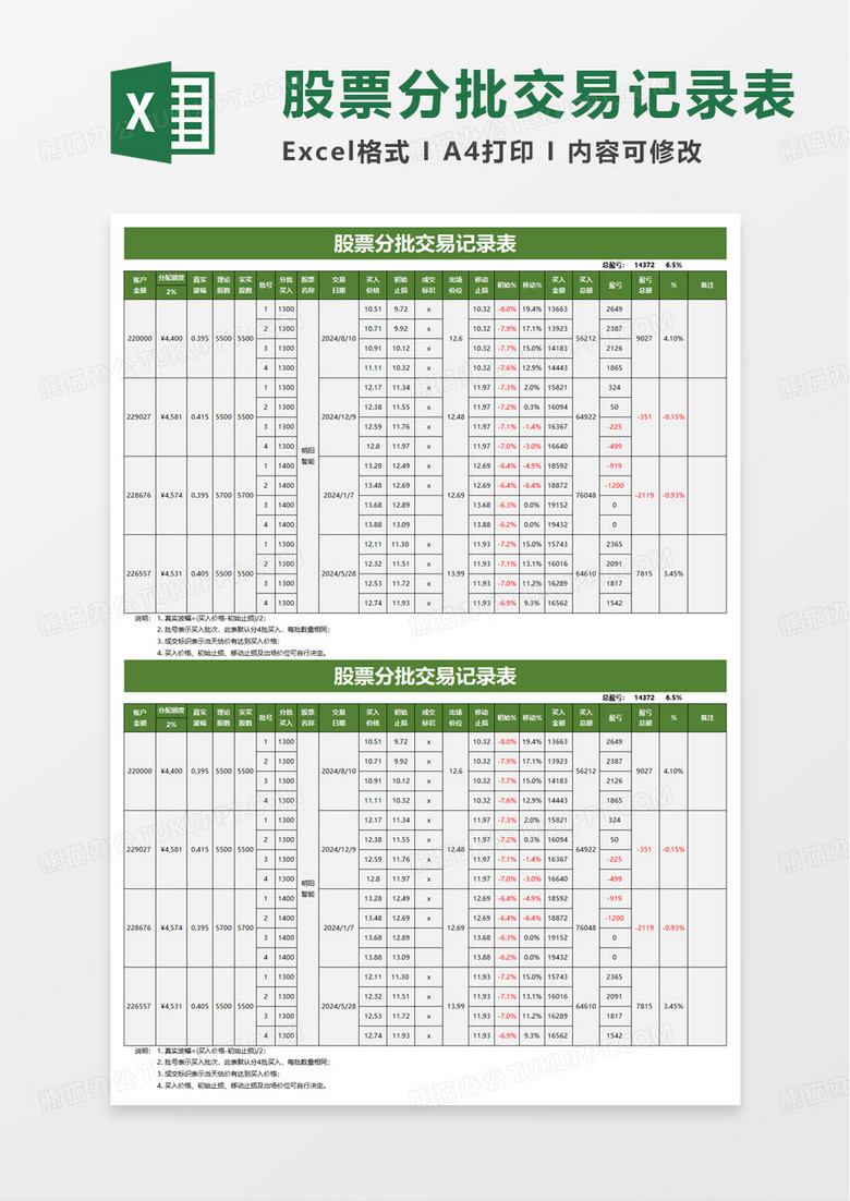 简约股票分批交易记录表excel模板