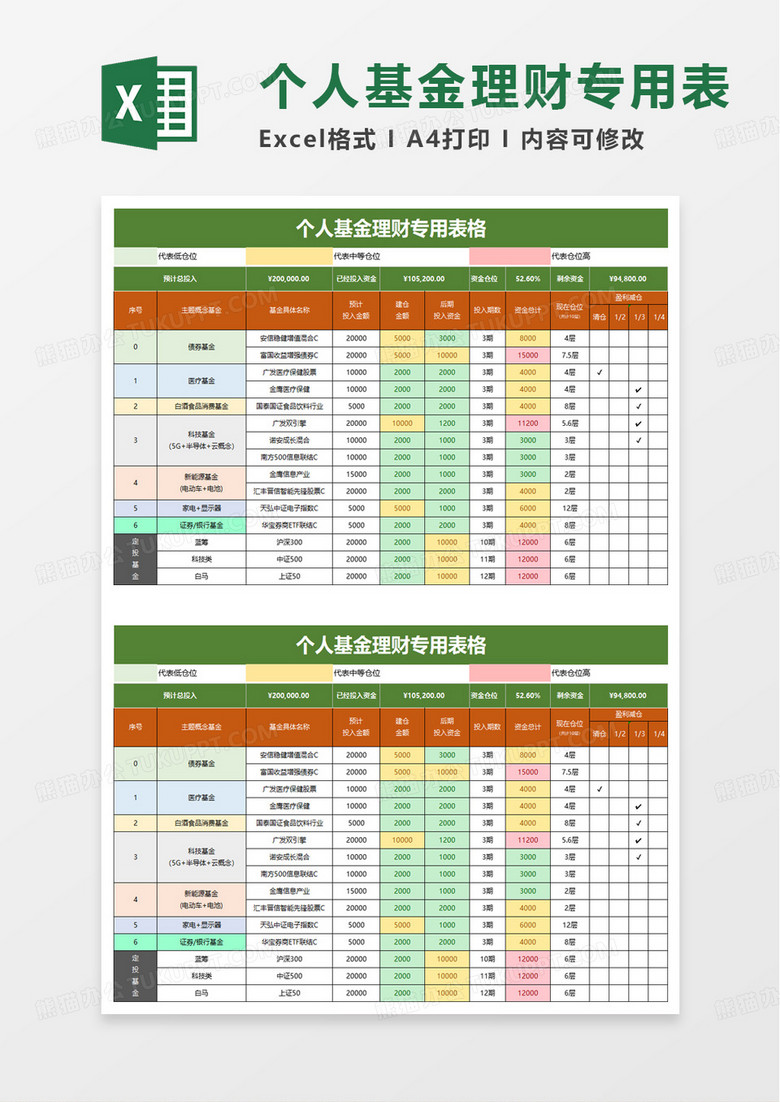 简洁个人基金理财专用表格excel模板