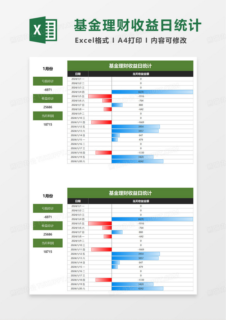 简洁基金理财收益日统计excel模板