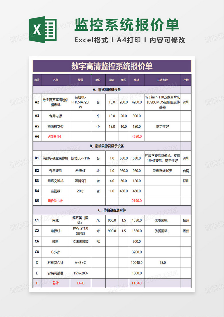 数字高清监控系统报价单excel模板