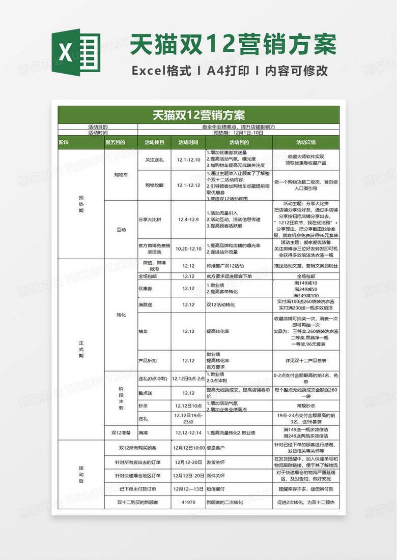 双12营销策划方案excel模板