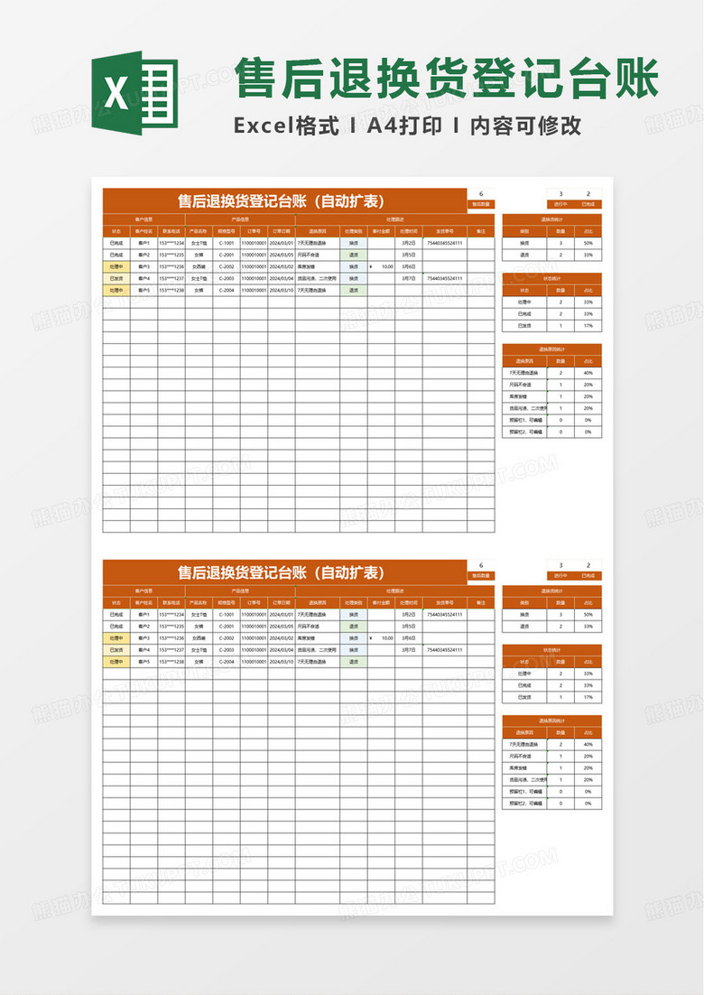 简约售后退换货登记台账excel模板