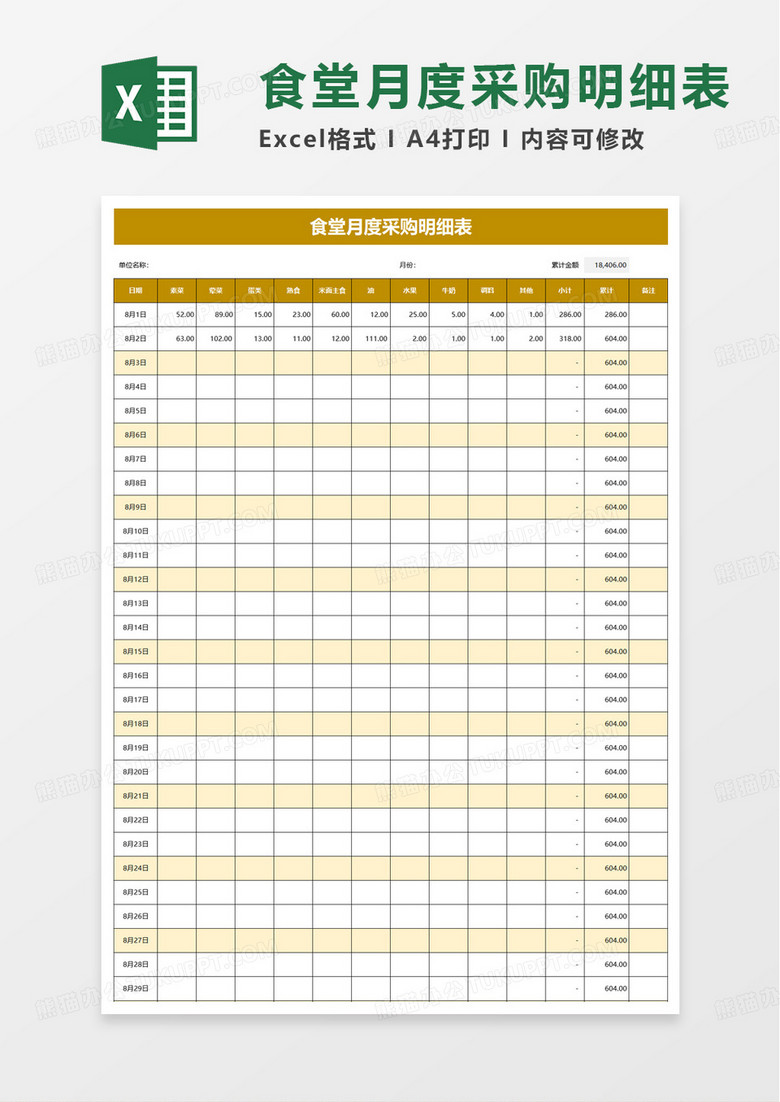食堂月度采购明细表excel模板 食堂月度采购明细表excel模板