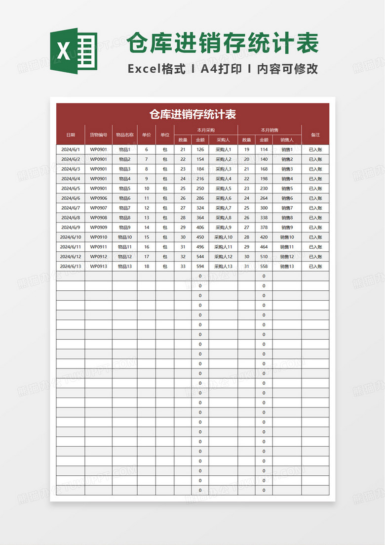 仓库货物进销存统计表excel模板 仓库货物进销存统计表excel模板