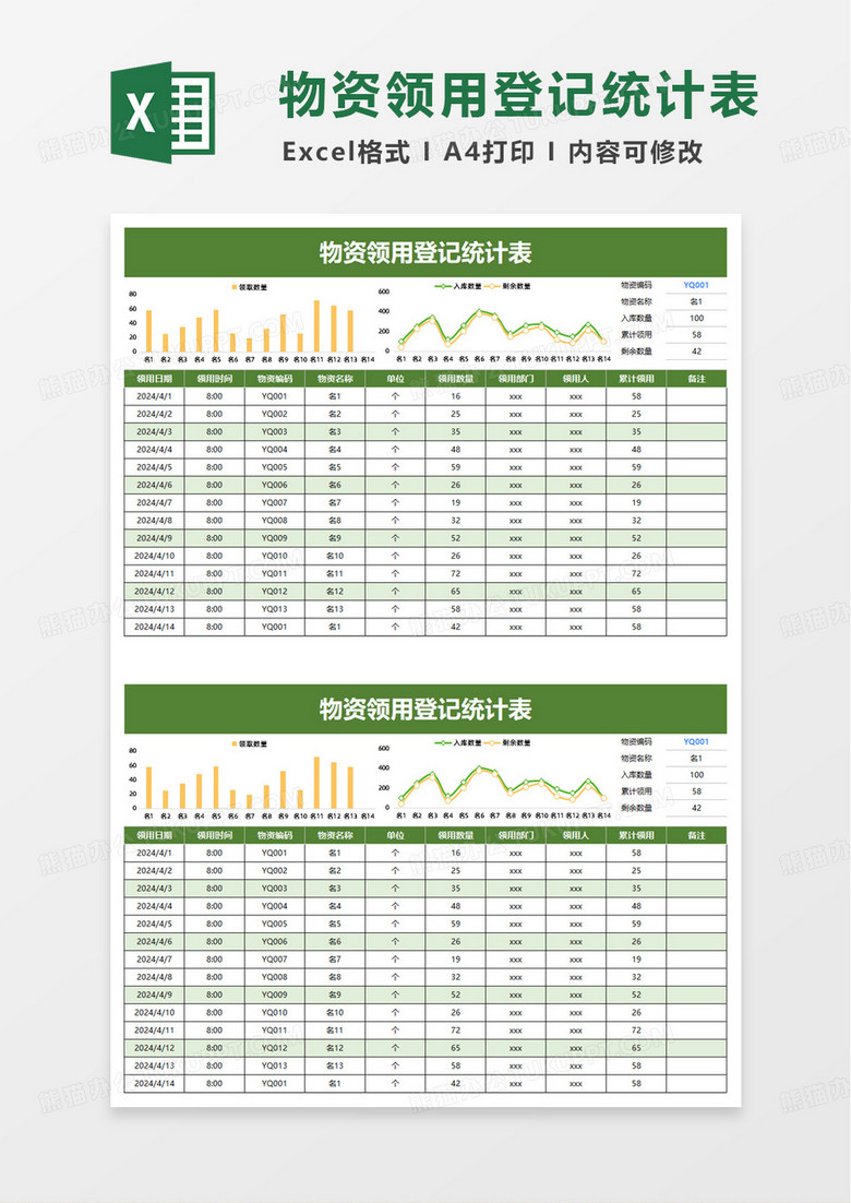 物資領用登記統(tǒng)計表excel模板