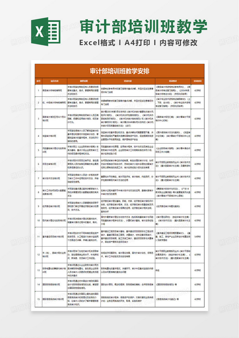 审计部培训班教学安排excel模板