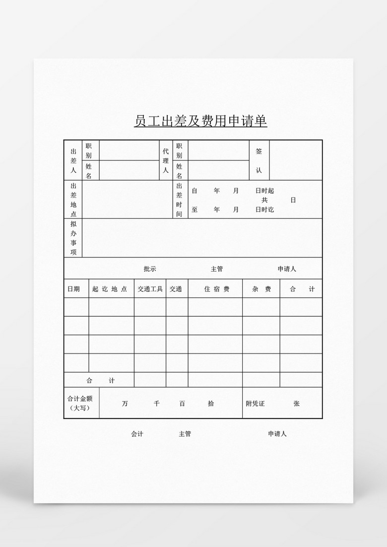 人事管理员工出差及费用申请单Word文档