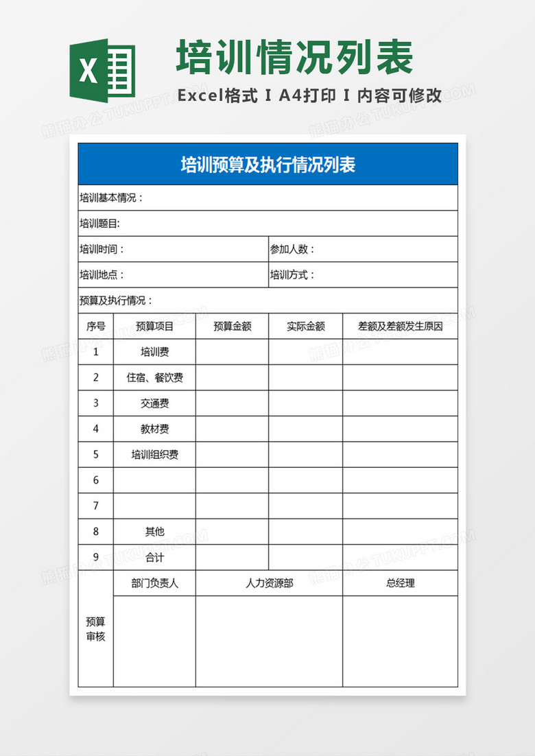 培训预算及执行情况表excel模板 培训预算及执行情况表excel模板