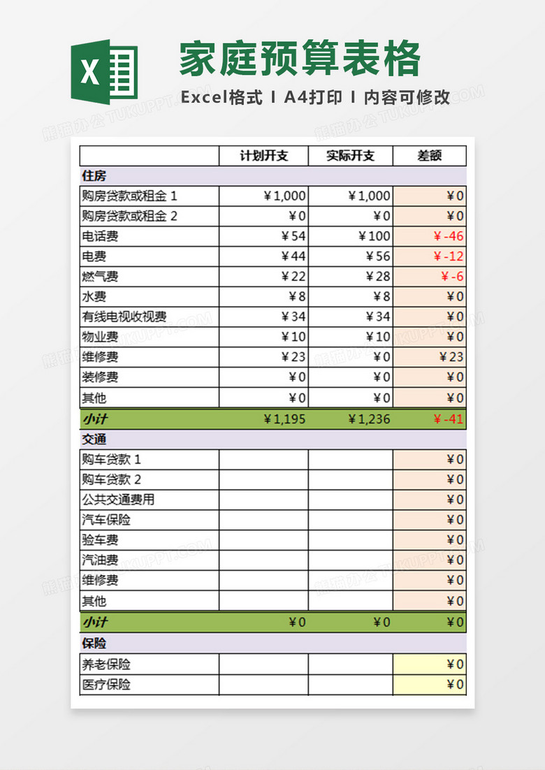 月度家庭预算表格excel模板