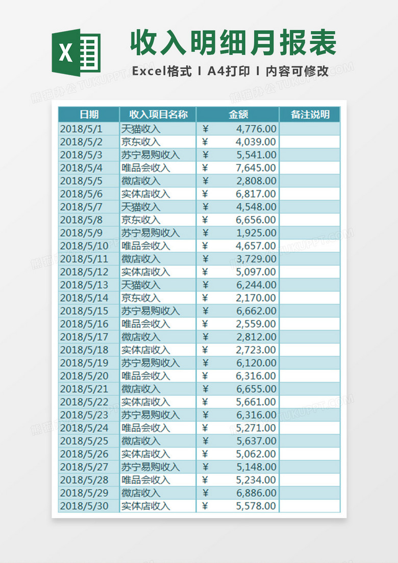 财务项目收入明细记账月报表Excel表格