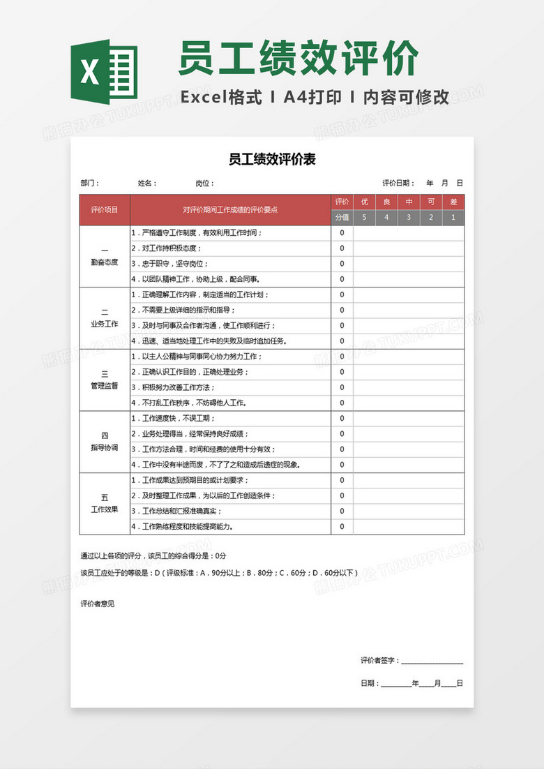 一般企业通用员工绩效评价Excel表格