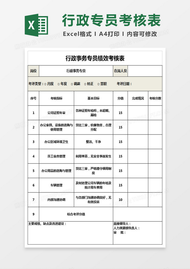 行政事务专员绩效考核表Excel表格