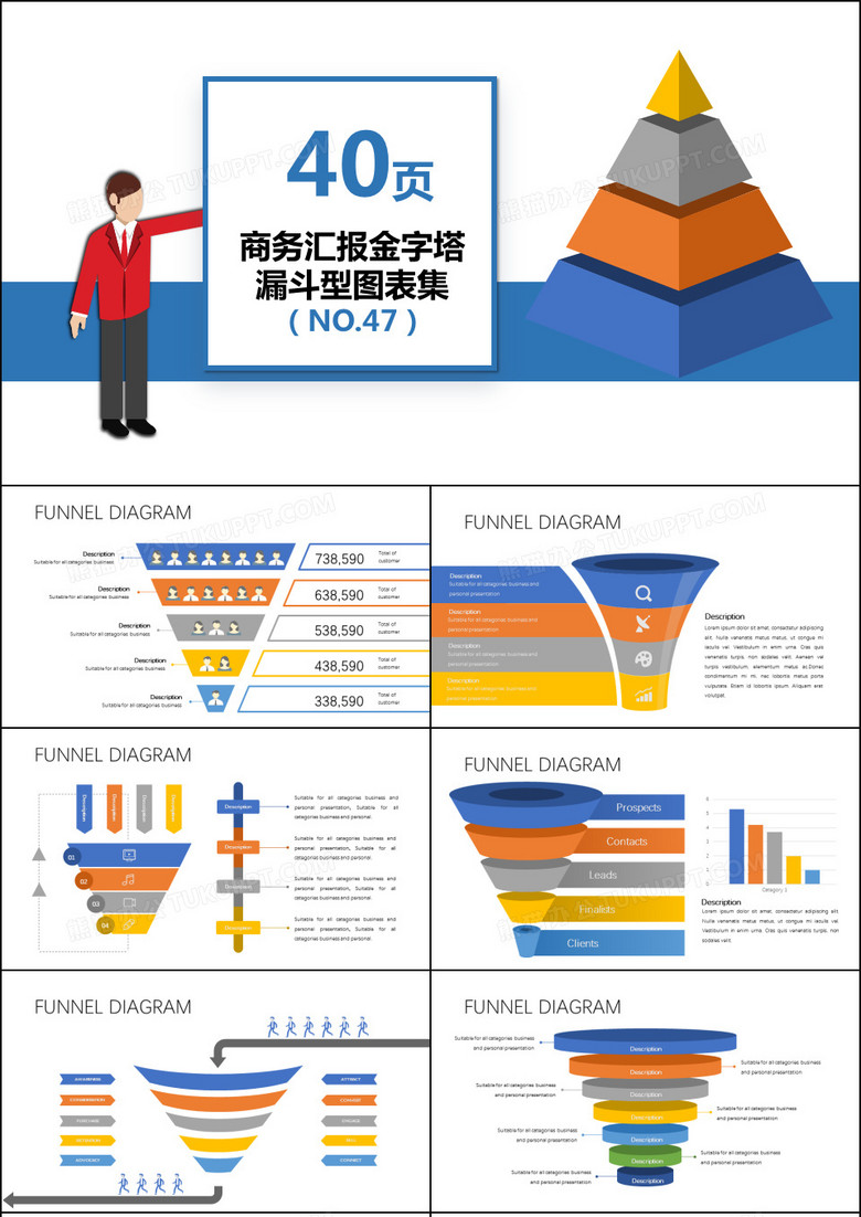 商务汇报金字塔漏斗型PPT图表集模板