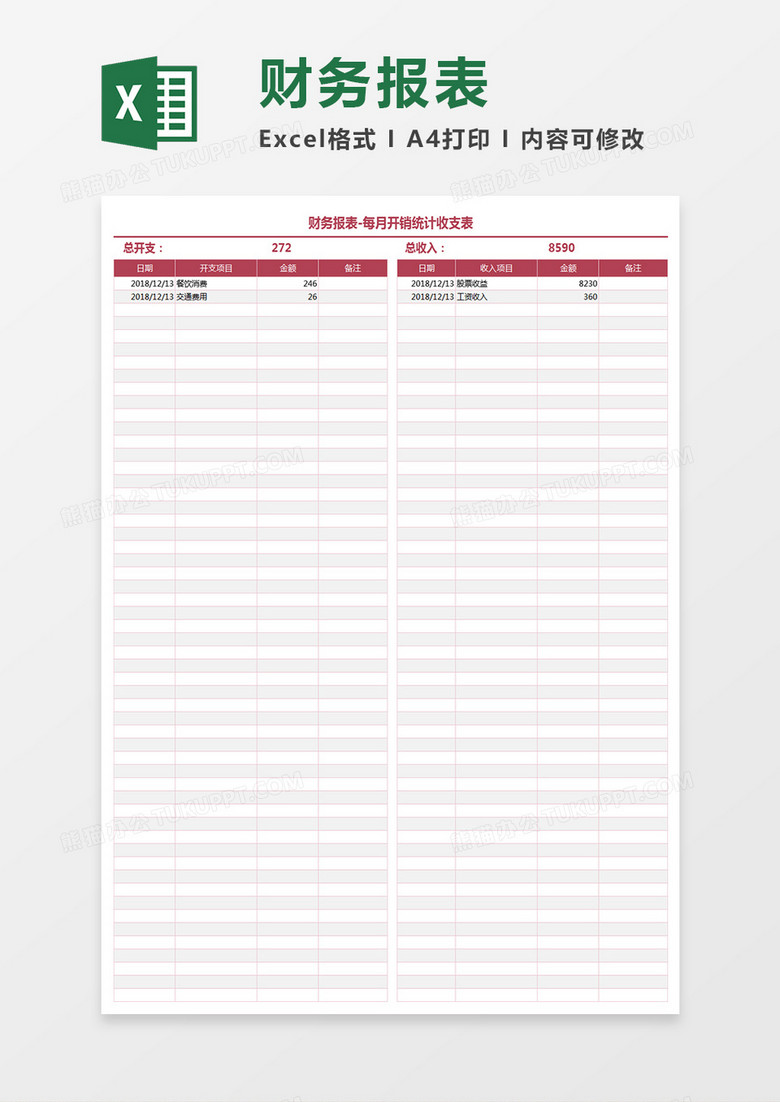 每月开销统计财务报表EXCEL表格模板