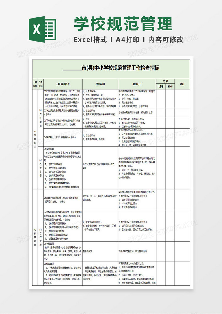 中小学校规范管理工作检查指标