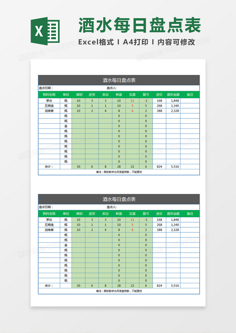 酒水每日盘点表酒水物料日盘点记录Excel模板