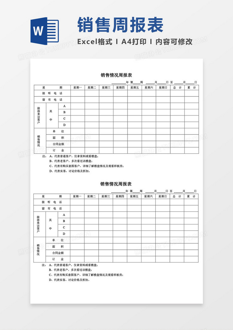 销售周报表周工作总结word模板