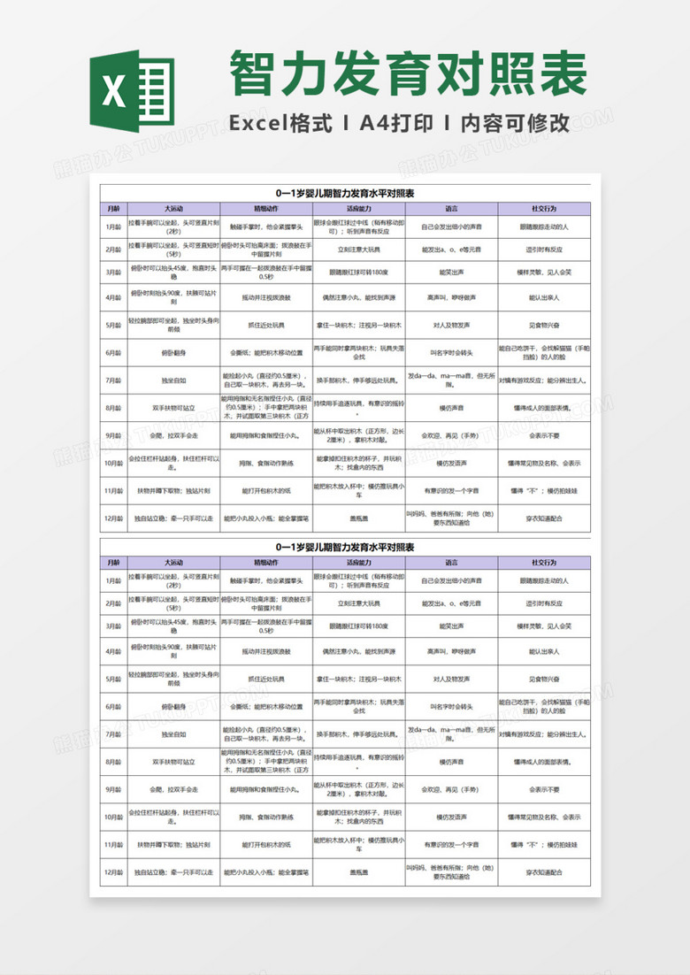 婴儿期智力发育水平对照表Execl模板