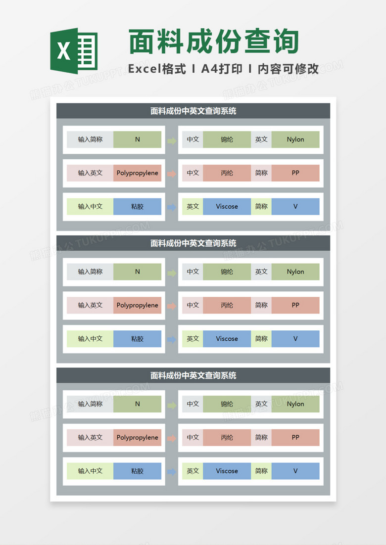 面料成份中英文查询系统Execl模板