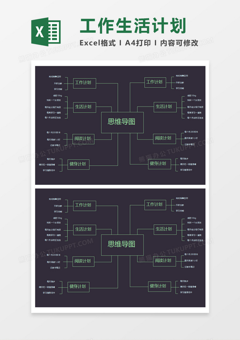 工作生活计划导图Execl模板 工作生活计划导图Execl模板